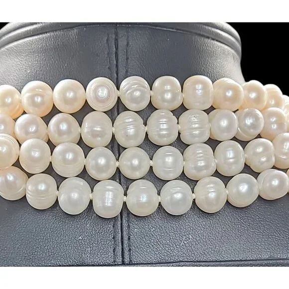 Freshwater Ringed Pearl Necklace 80" Glowing Bridal White 9mm-10mm Free Form